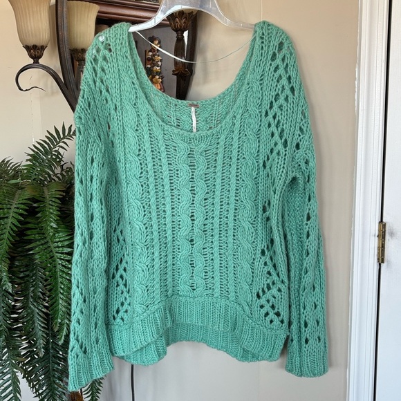 Free People Maribel Fluff Wool Mohair Blend Cable Knit Pullover Green Sweater - Picture 3 of 15